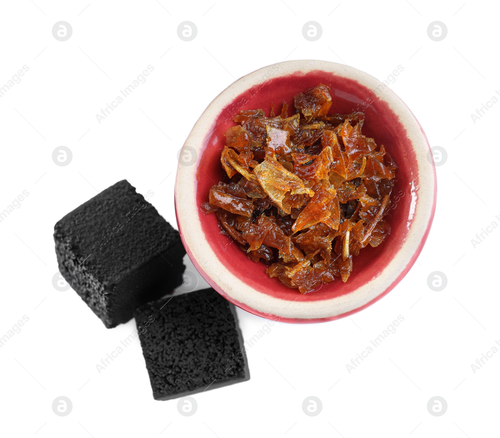 Photo of Hookah bowl with tobacco and charcoal cubes on white background, top view