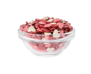 Photo of Bright heart shaped sprinkles in glass bowl isolated on white