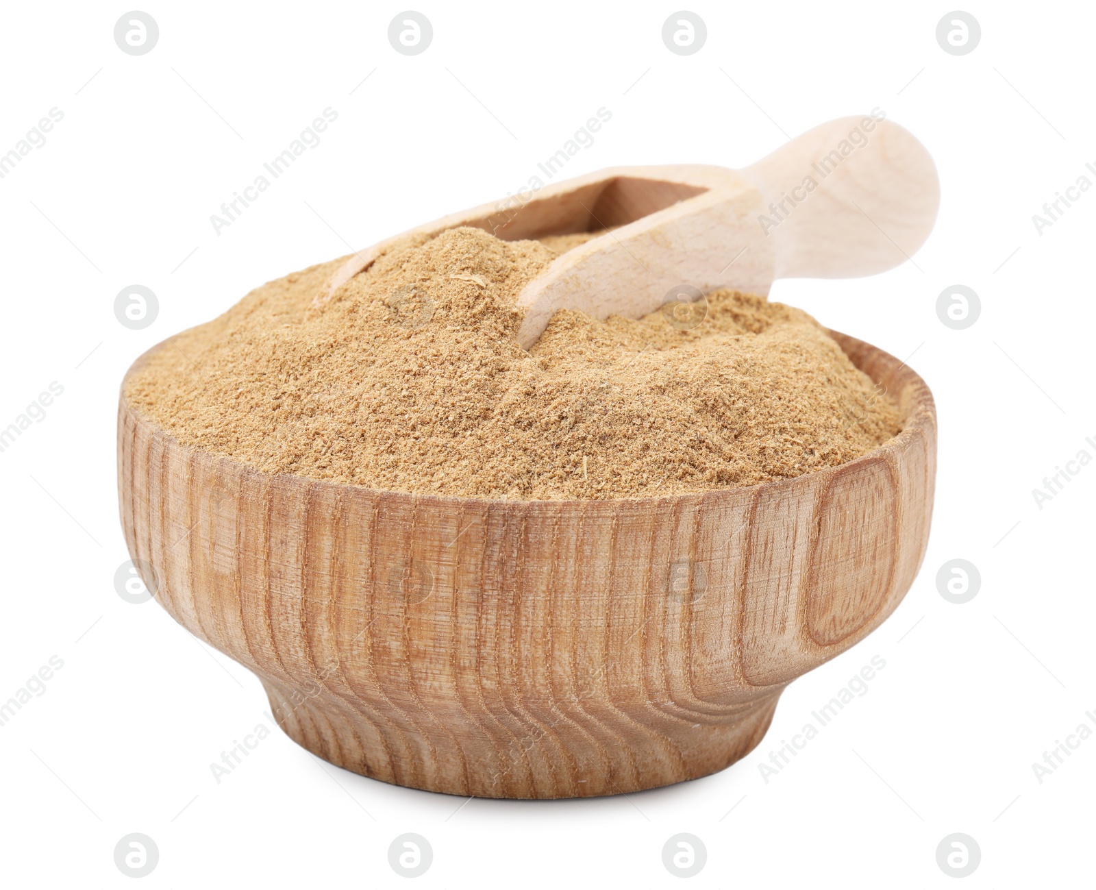 Photo of Dietary fiber. Psyllium husk powder in bowl and scoop isolated on white