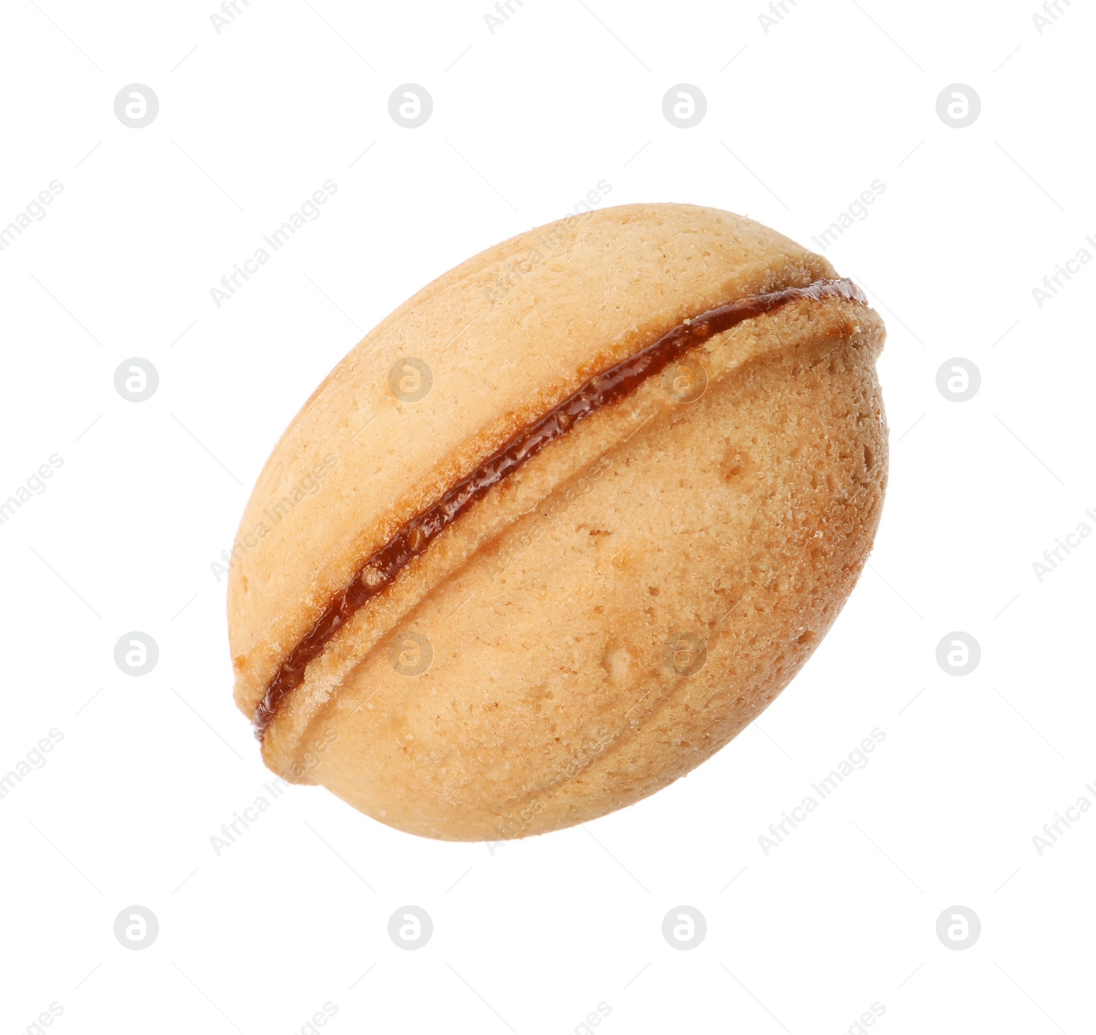 Photo of Delicious nut shaped cookie with boiled condensed milk isolated on white