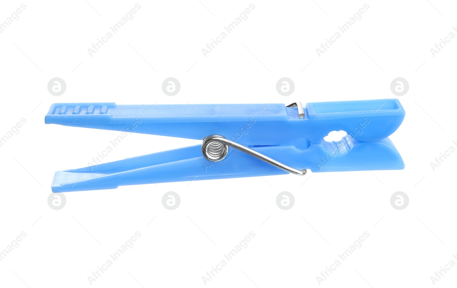 Photo of Bright light blue plastic clothespin isolated on white