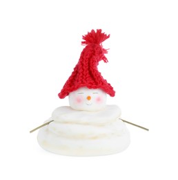 Photo of Cute decorative snowman in red hat isolated on white