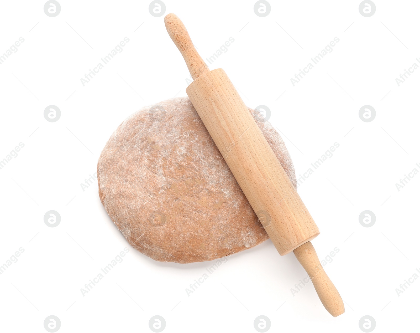 Photo of Raw rye dough and rolling pin on white background, top view