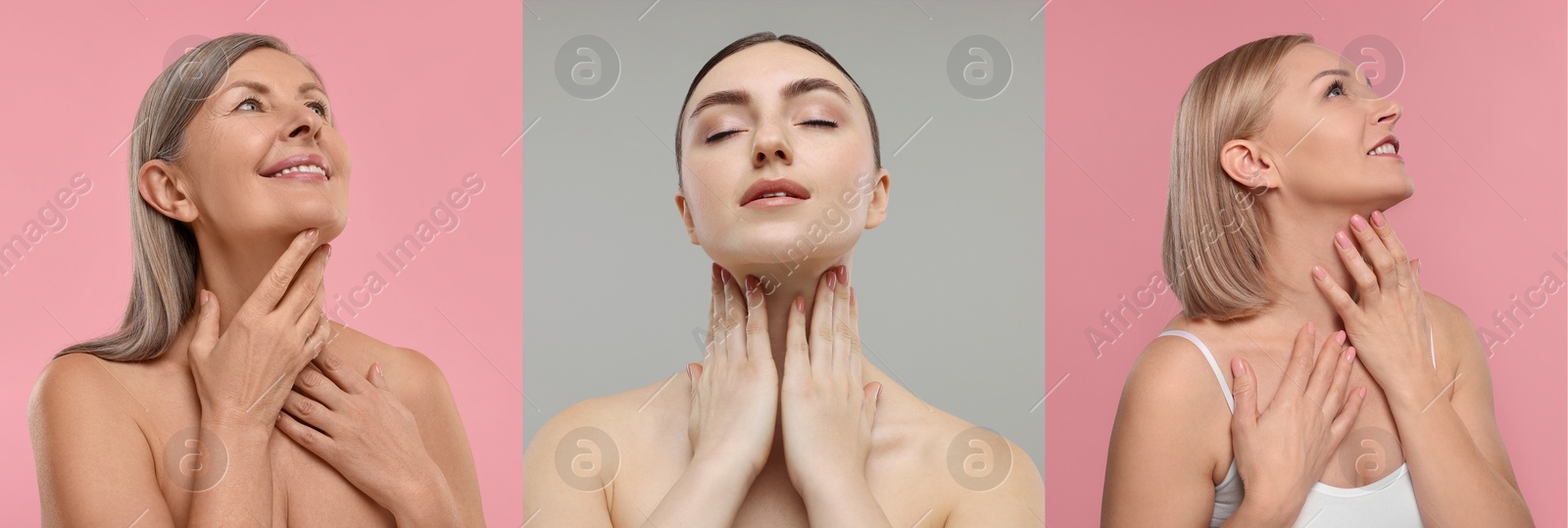 Image of Women touching their necks on pink and grey backgrounds, set of photos