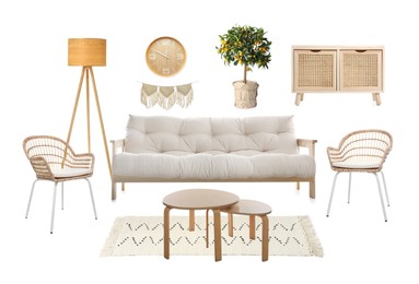 Image of Stylish interior design. Different decorative elements and furniture on white background. Mood board collage