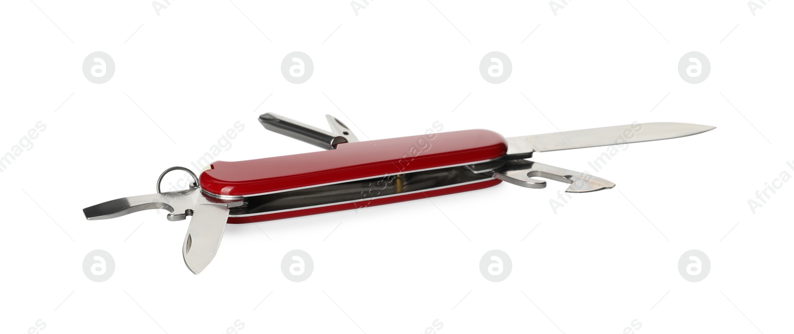 Photo of Compact portable red multitool isolated on white