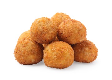 Pile of delicious fried tofu balls on white background