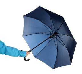 Photo of Woman with open blue umbrella on white background, closeup