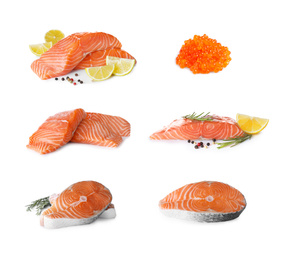 Image of Set with steaks of fresh raw salmon and delicious red caviar on white background. Fish delicacy