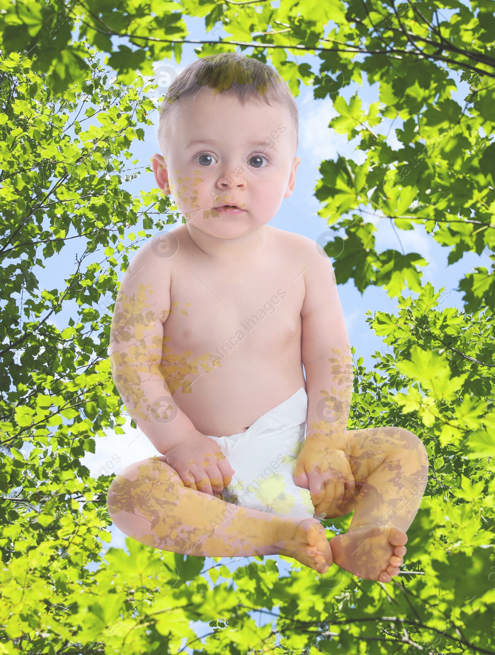 Image of Double exposure of cute little child and green tree