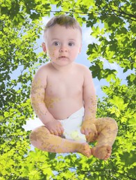 Double exposure of cute little child and green tree