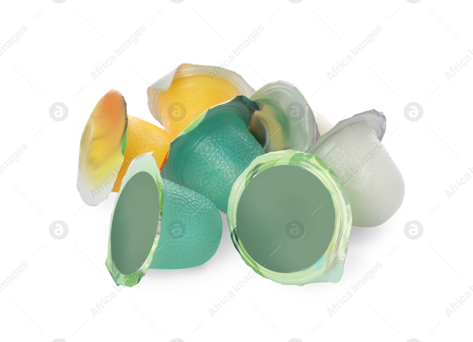 Photo of Tasty bright jelly cups on white background