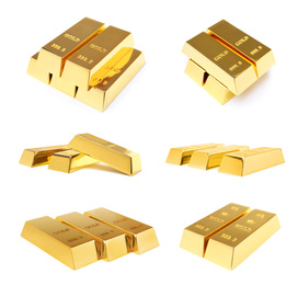 Image of Set of shiny gold bars on white background