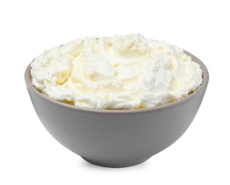 Photo of Bowl of tasty cream cheese isolated on white 