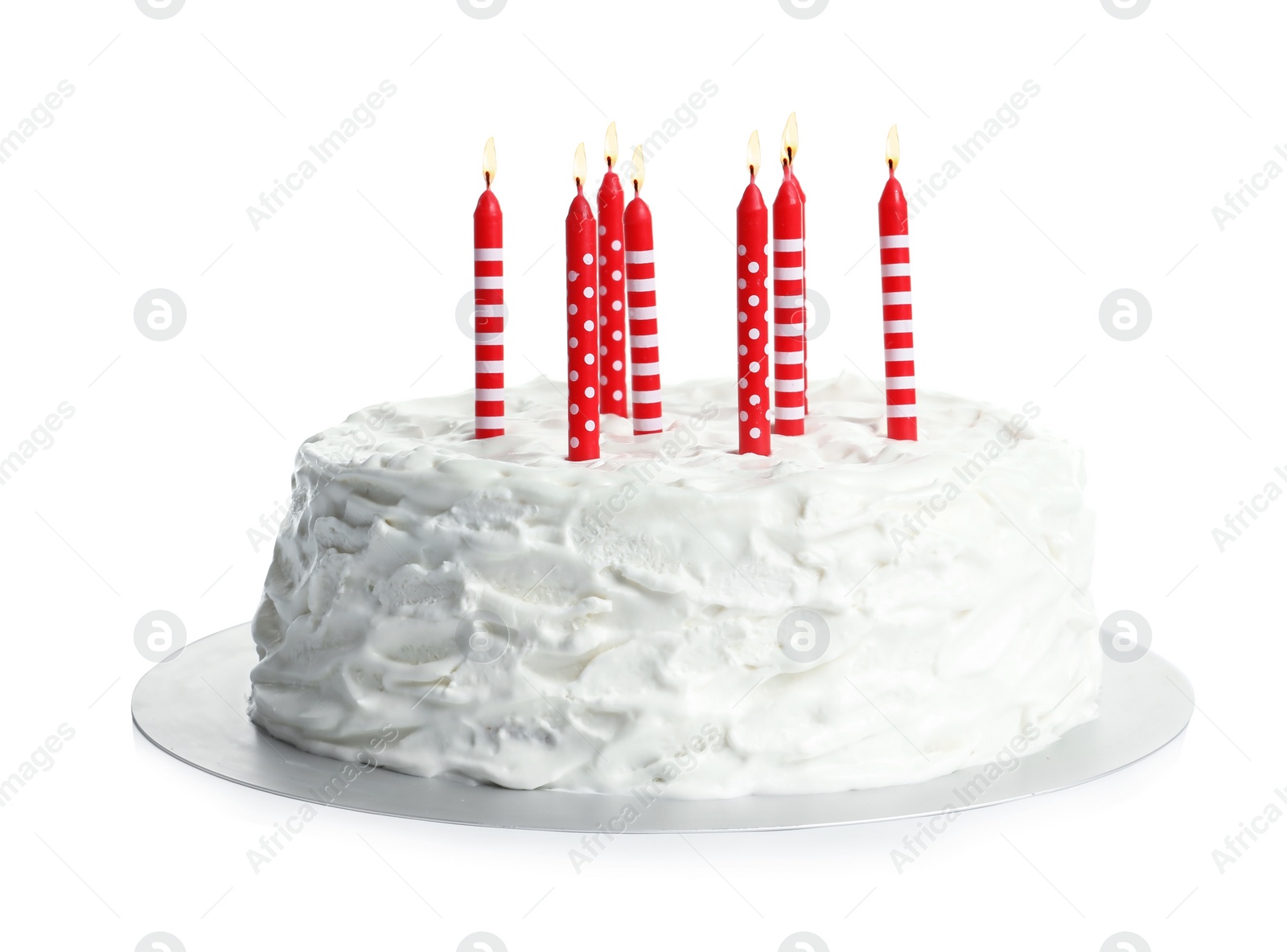 Photo of Birthday cake with candles on white background