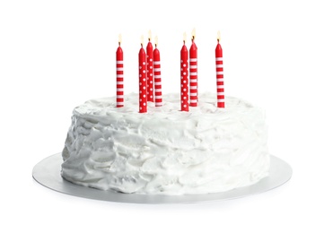 Photo of Birthday cake with candles on white background