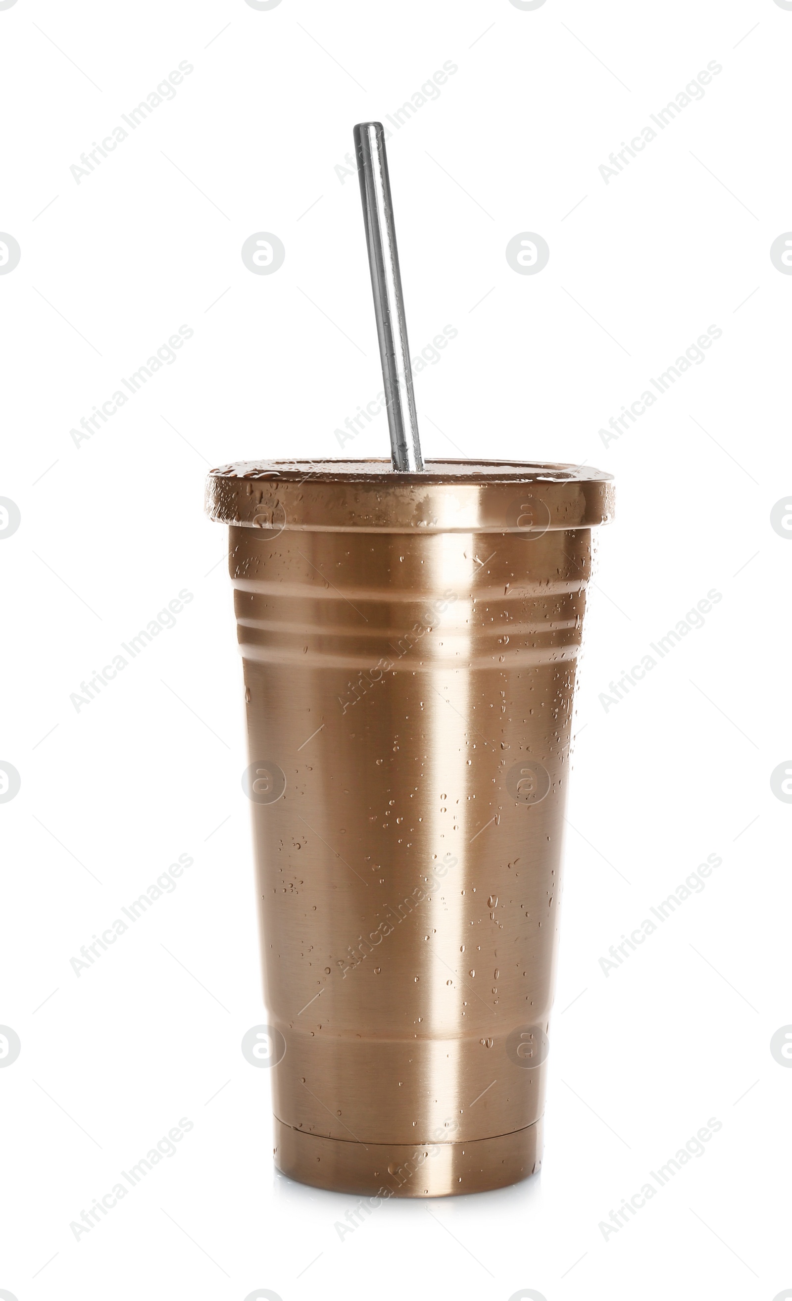 Photo of Golden coffee cup with straw isolated on white