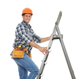 Photo of Professional builder climbing up metal ladder on white background