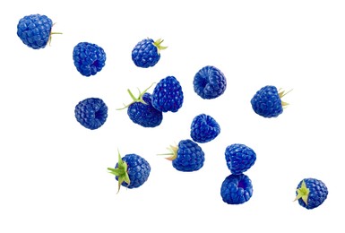 Image of Many fresh blue raspberries falling on white background