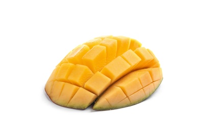 Photo of Cut ripe mango on white background. Tropical fruit