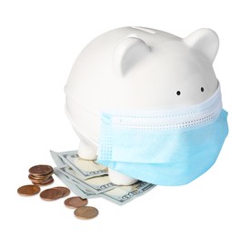 Piggy bank in protective mask with money on white background. Medical insurance