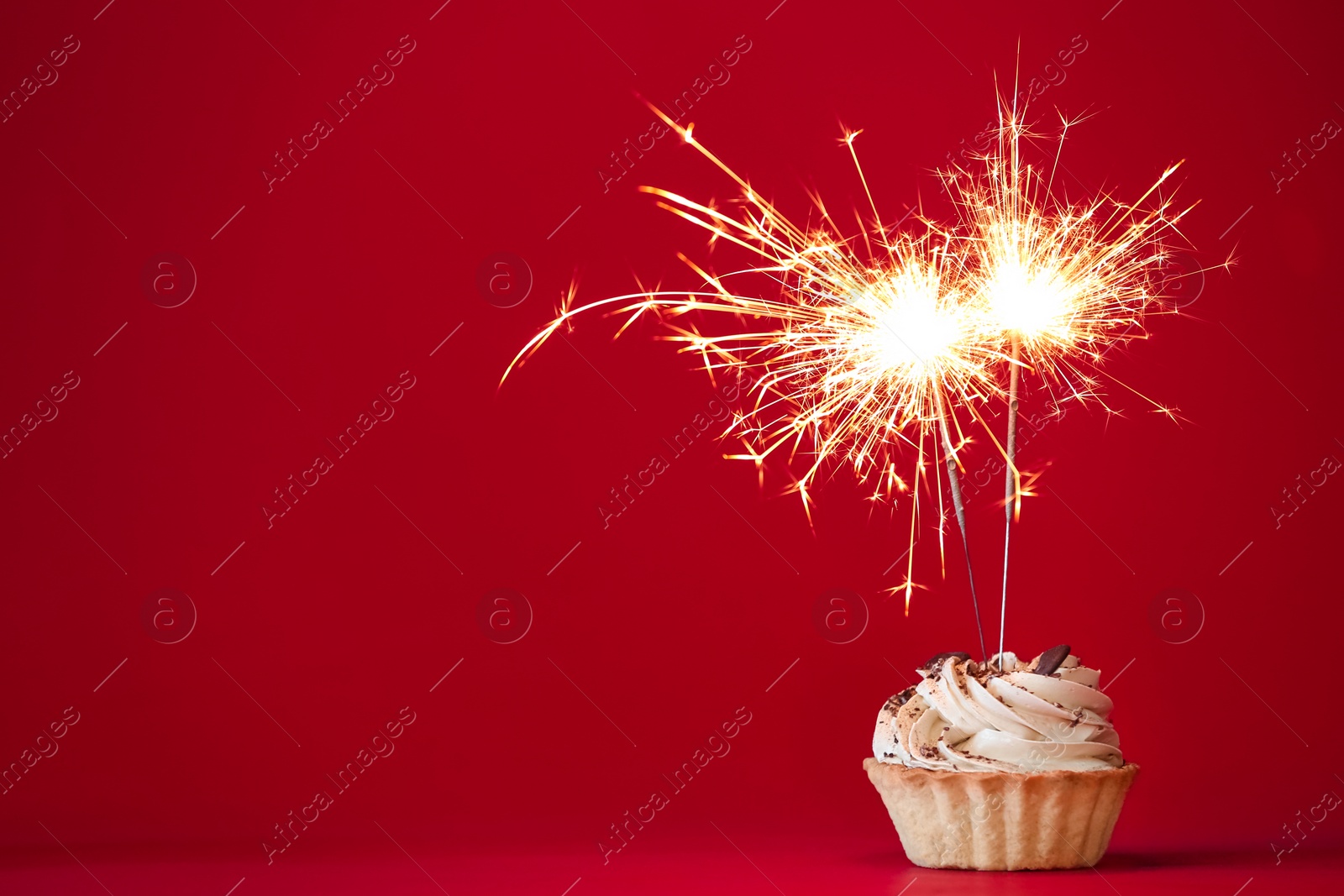 Photo of Cupcake with burning sparkler on red background. Space for text