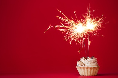 Photo of Cupcake with burning sparkler on red background. Space for text