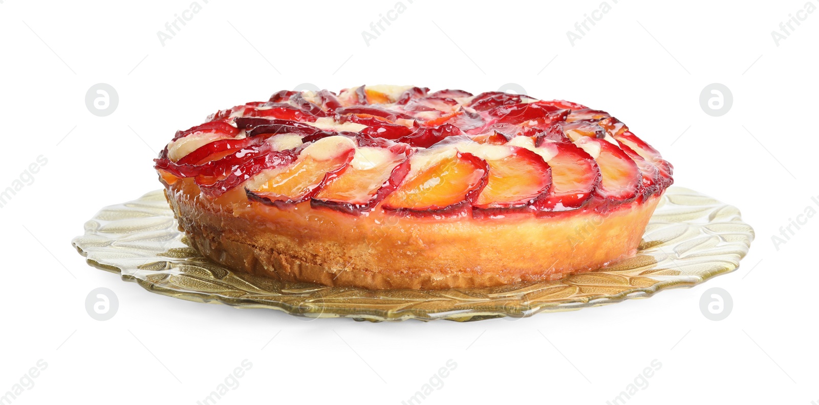 Photo of Delicious cake with plums isolated on white