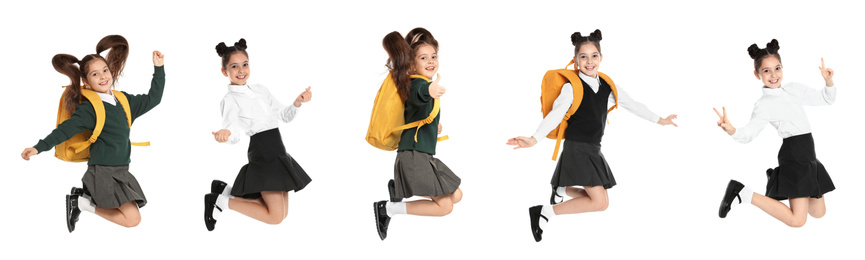 Image of Collage of jumping girl in school uniform on white background. Banner design