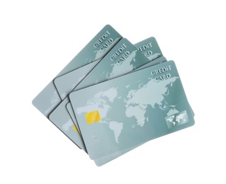 Photo of Grey plastic credit cards on white background