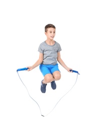 Photo of Full length portrait of boy jumping rope on white background