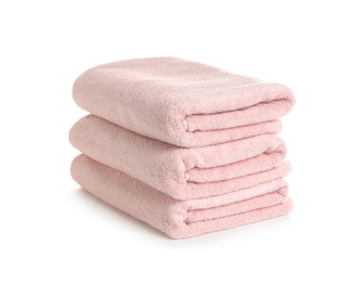Photo of Stack of clean soft towels on white background