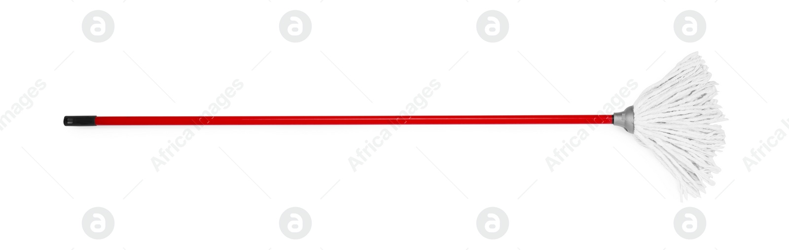 Photo of Mop with plastic handle isolated on white, top view