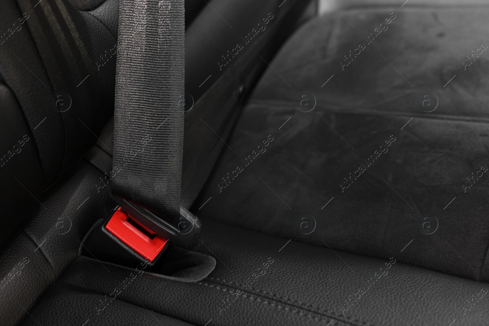 Photo of Safety belt and seat inside of modern black car, closeup