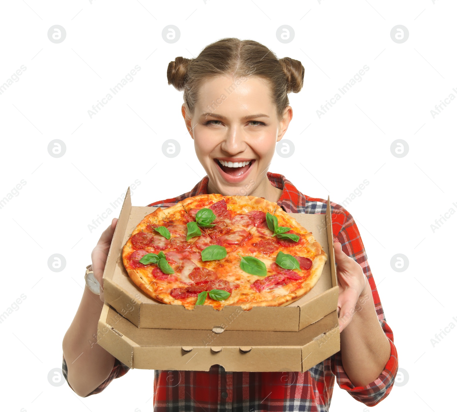 Photo of Attractive young woman with delicious pizza on white background