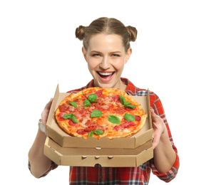 Photo of Attractive young woman with delicious pizza on white background