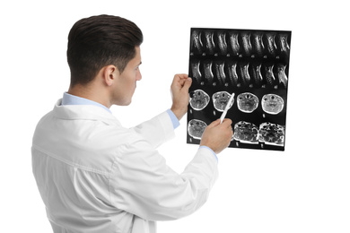 Orthopedist holding X-ray picture on white background