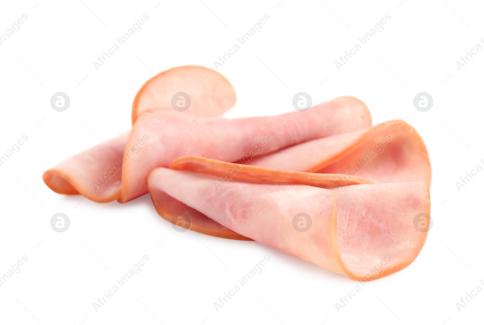 Photo of Slices of tasty fresh ham isolated on white