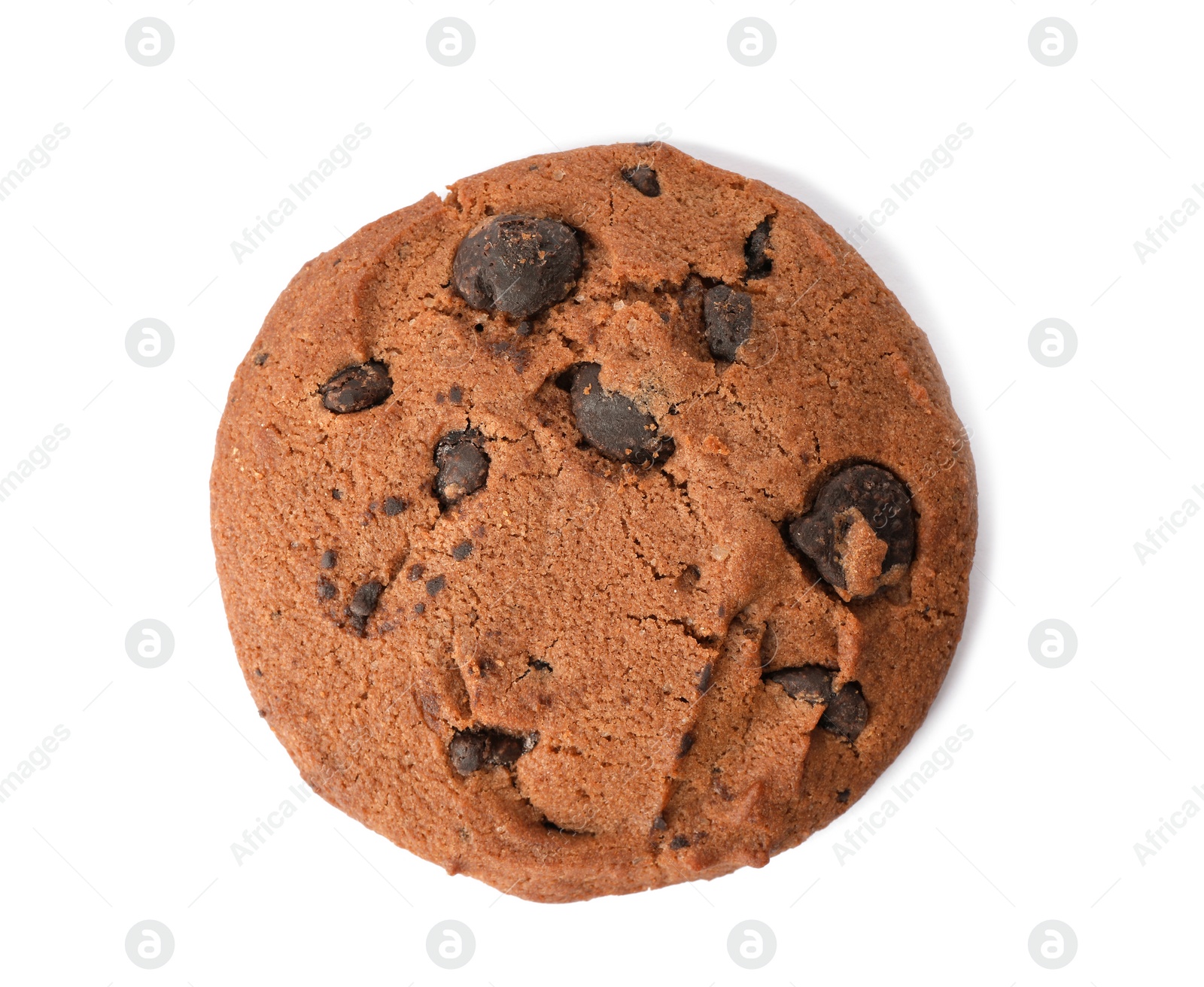 Photo of Tasty cookie with chocolate chips on white background, top view