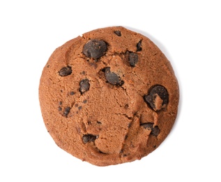 Photo of Tasty cookie with chocolate chips on white background, top view