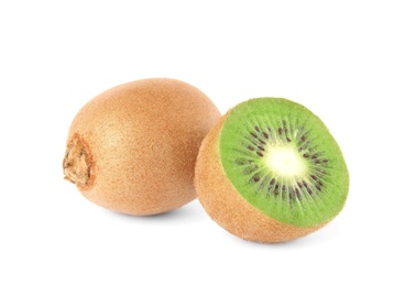 Cut and whole fresh kiwis on white background