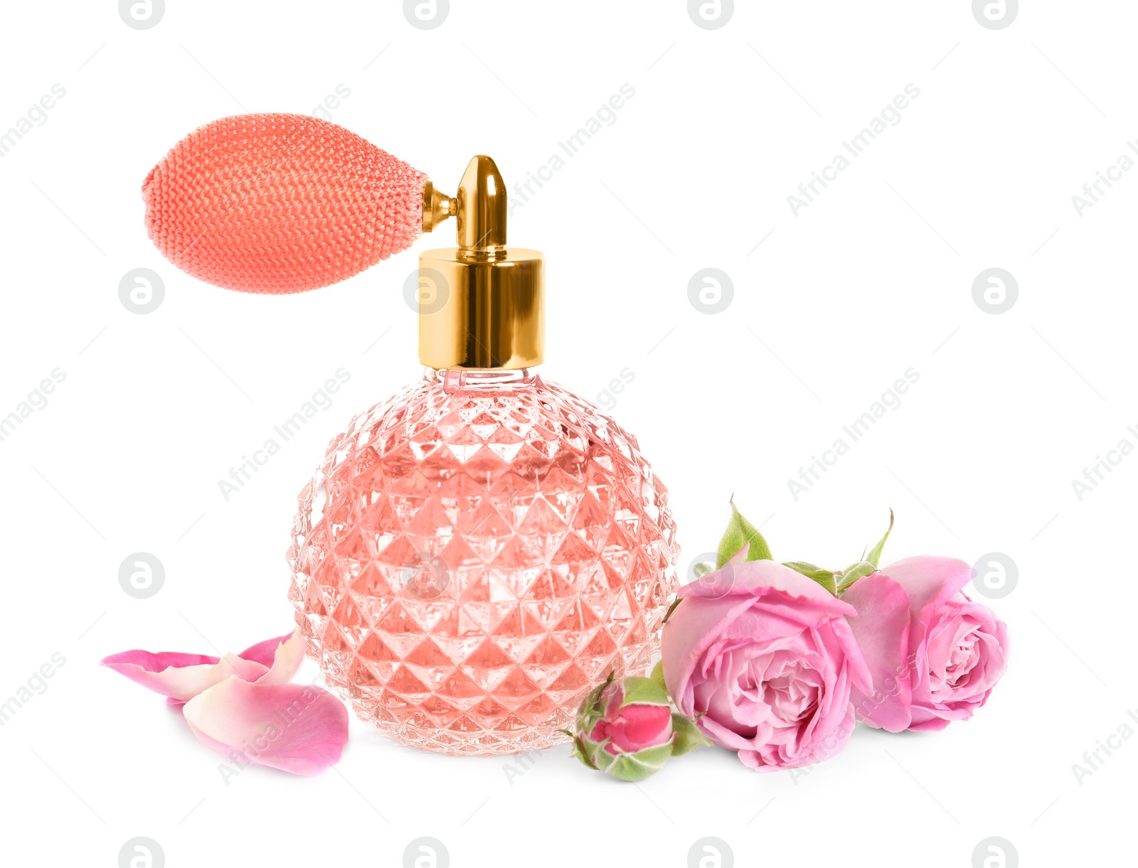 Photo of Bottle of luxury perfume and beautiful flowers isolated on white