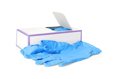 Photo of Box of new medical gloves isolated on white