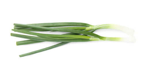 Fresh green spring onions isolated on white, top view