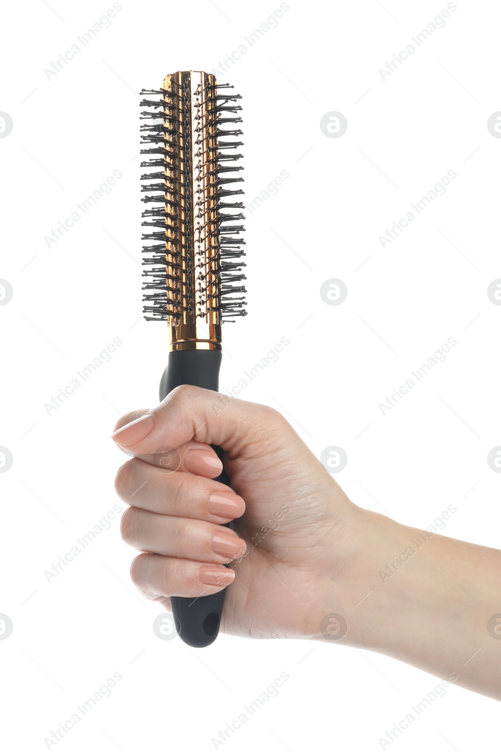 Photo of Woman holding round hair brush on white background, closeup