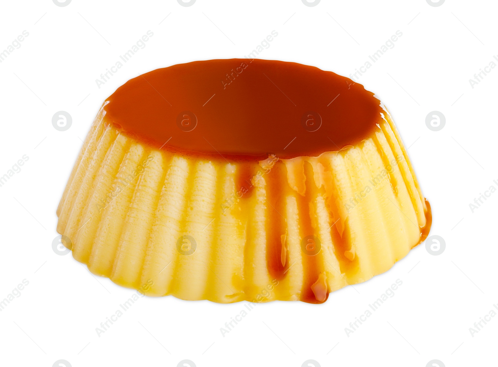 Photo of Delicious pudding with caramel isolated on white