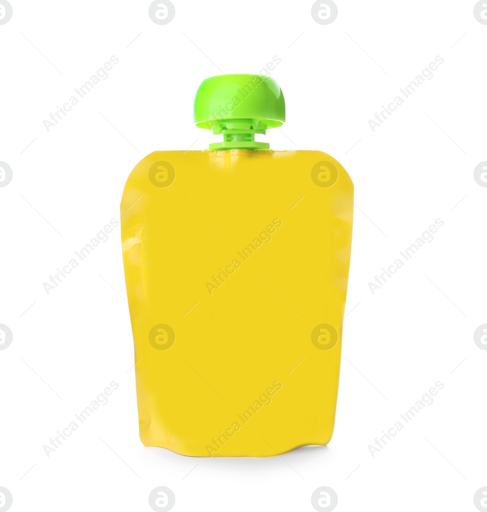 Photo of Squeeze pouch with healthy baby food on white background