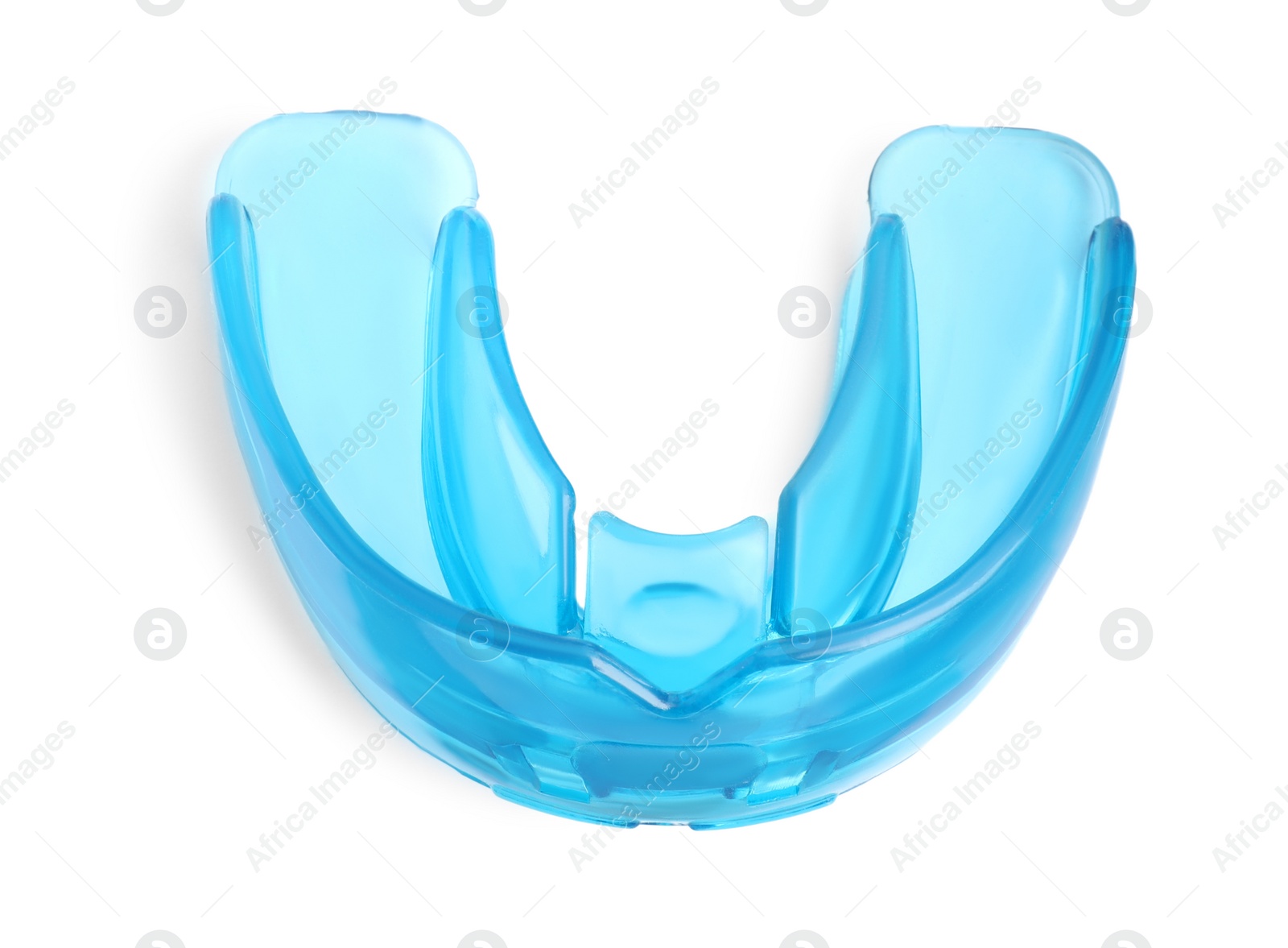 Photo of Transparent dental mouth guard isolated on white, top view. Bite correction