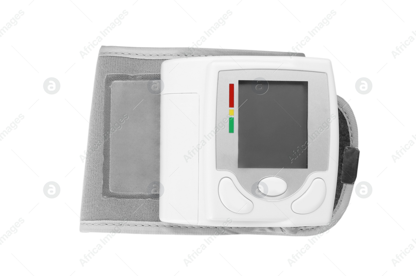 Photo of Modern blood pressure meter on white background, top view. Medical device