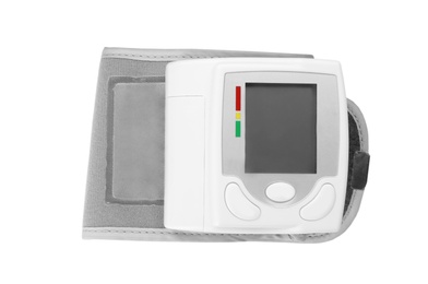 Photo of Modern blood pressure meter on white background, top view. Medical device